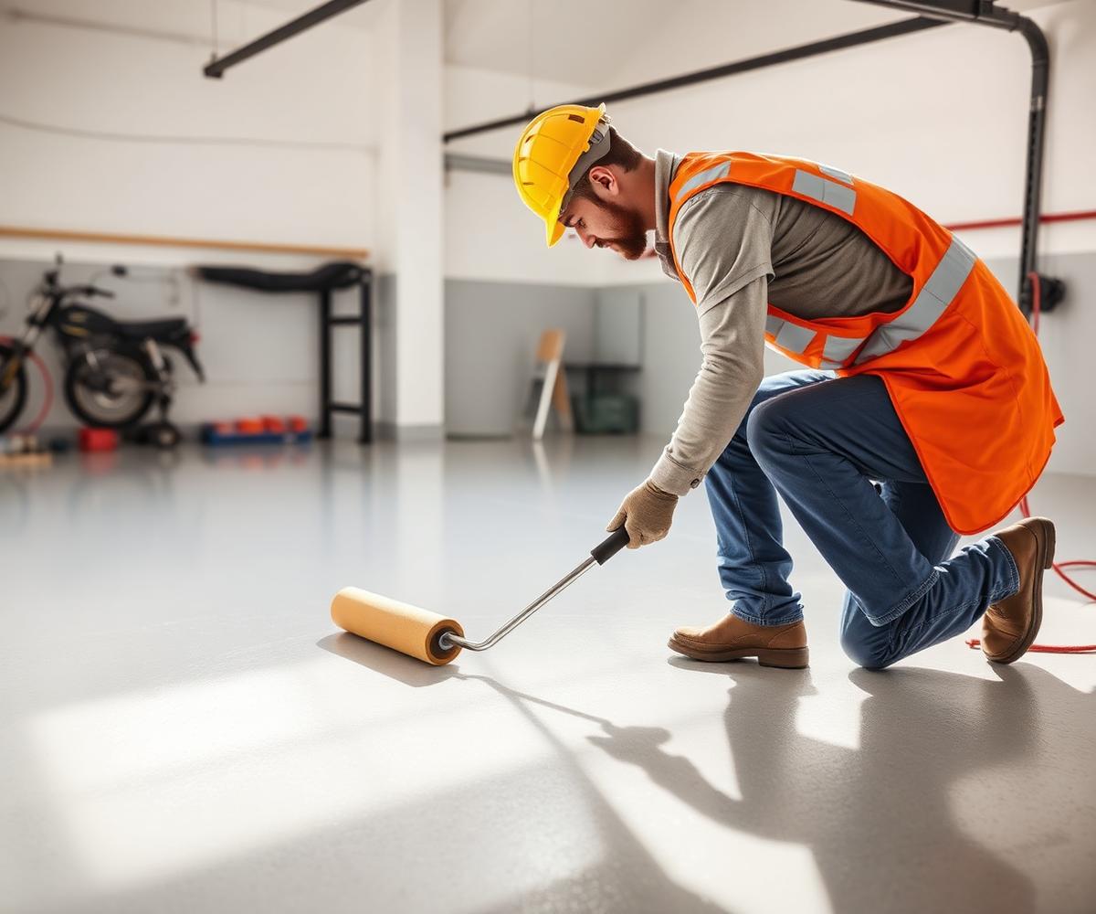 Epoxy flooring installer rolling a fresh coating onto a prepped garage floor