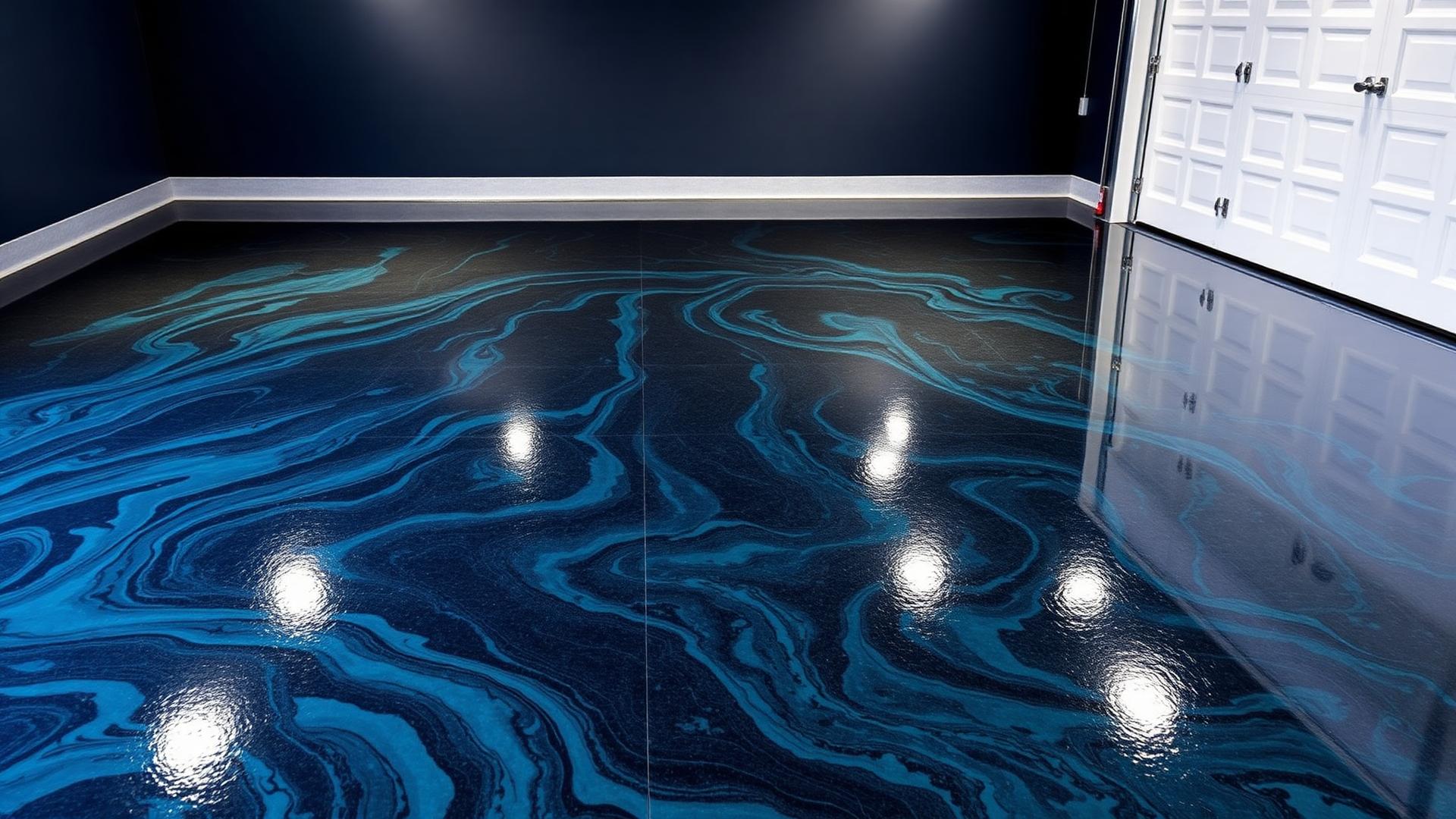 Glossy blue metallic epoxy garage floor installed in an Orlando home